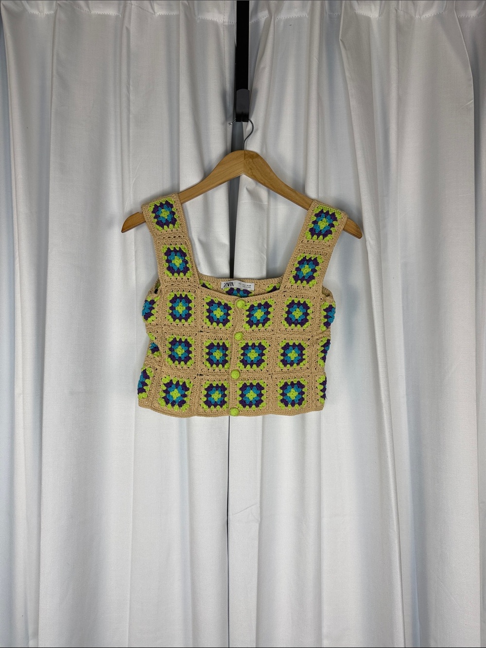 Zara Beige Crochet Crop Top with Blue & Green Squares